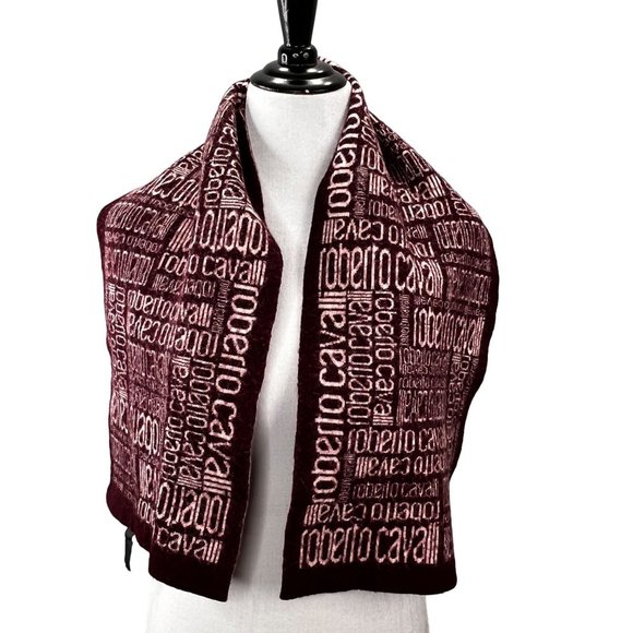 Roberto Cavalli Wool Blend Scarf Signature Logo Burgundy Beige Italy 45 inch - Picture 1 of 6